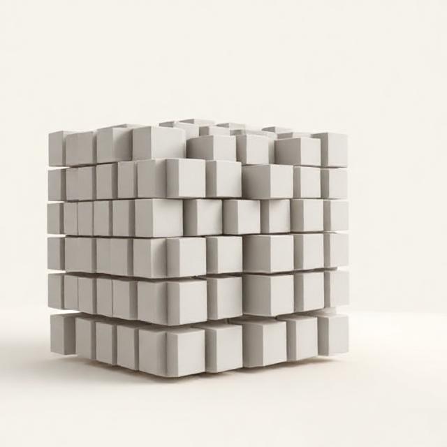 Abstract digital artwork of a large cube made of many smaller cubes (voxels), minimal off-white background, subtle gold accents